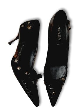 PRADA Italy Pointed-Toe Studded Pumps Leather Black High Heel Shoes Sz EUR 39